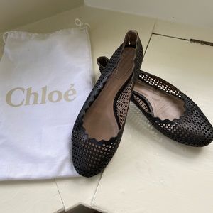 Chloe!  Scalloped Flat - Black Perforated Leather